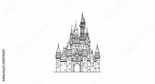 Ornate castle with multiple spires and towers, drawn in black and white