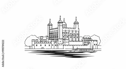 Ornate castle with towers stands beside a river and trees