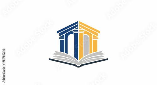 Open book with a multi-colored classical architectural facade atop