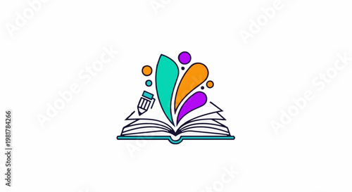 Open book with colorful splashes and pencil, symbolizing creativity and knowledge