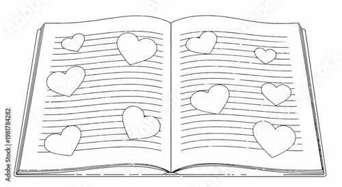 Open book with hearts scattered across lined pages, sketch art