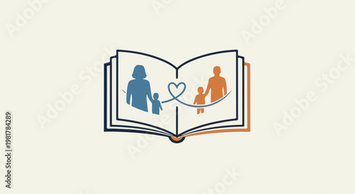 Open book with silhouettes of families linked by heart symbol