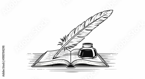 Open book with quill pen and inkwell, an illustration of writing