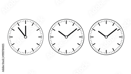 Vector illustration featuring a trio of modern, minimalistic analog clocks on a crisp white background, symbolizing time management, efficiency, and crucial deadlines