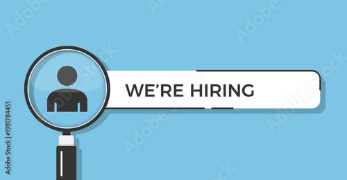 We are hiring recruitment banner with magnifying glass and person icon