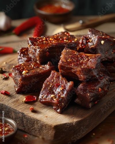 Savory beef jerky pieces sprinkled with spices on a rustic wooden board.
