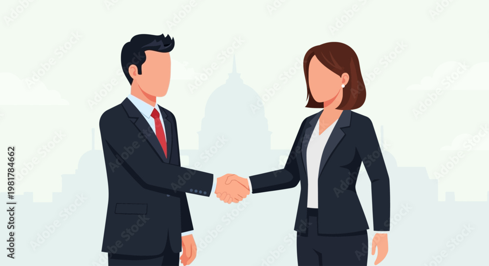 Fototapeta premium Truman shakes hands with colleague on a busy Day in office