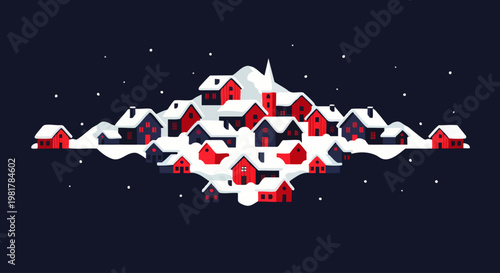 Charming Scandinavian village nestled in snow-covered hills under a starry night sky with falling snowflakes.