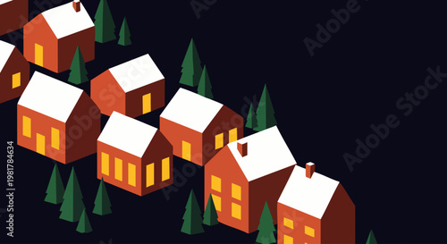 Cozy winter village scene with illuminated houses and snow-covered roofs, surrounded by dark pine trees.