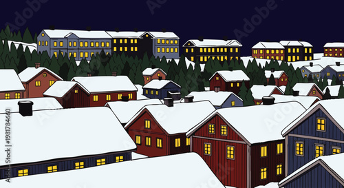 Cozy winter village at night with snow-covered roofs and warm lights glowing from windows, surrounded by dark pine trees.