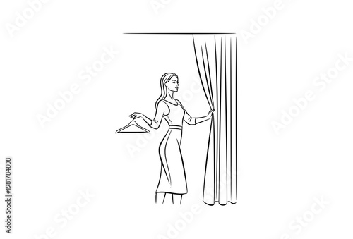 Fashion woman in fitting room line art holding hanger opening curtain minimal black and white vector illustration isolated on white