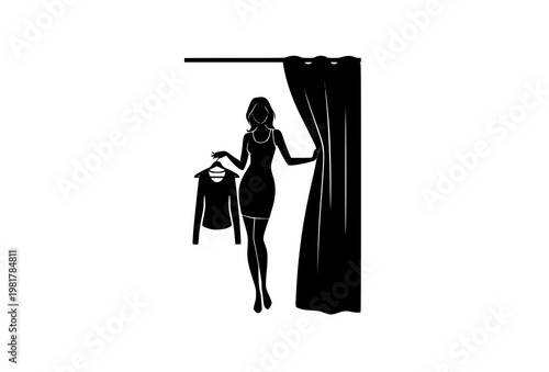 Elegant woman silhouette holding clothes hanger opening fitting room curtain black and white fashion shopping vector isolated on white