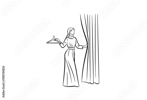 Fashion woman in fitting room line art holding hanger opening curtain minimal black and white vector illustration isolated on white