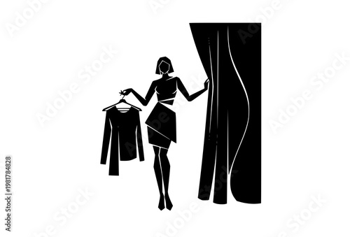 Modern geometric female silhouette with clothes hanger opening fitting room curtain black and white fashion concept vector isolated on white