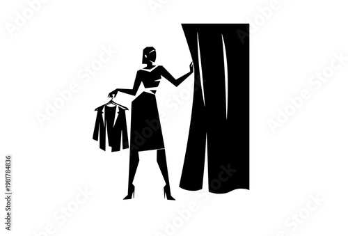Modern geometric female silhouette with clothes hanger opening fitting room curtain black and white fashion concept vector isolated on white