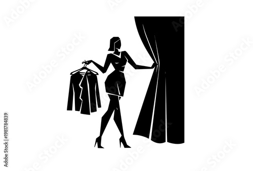 Modern geometric female silhouette with clothes hanger opening fitting room curtain black and white fashion concept vector isolated on white