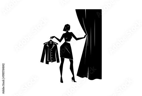 Modern geometric female silhouette with clothes hanger opening fitting room curtain black and white fashion concept vector isolated on white