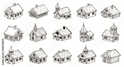 Set of hand-drawn isometric village houses and buildings for game design or illustration