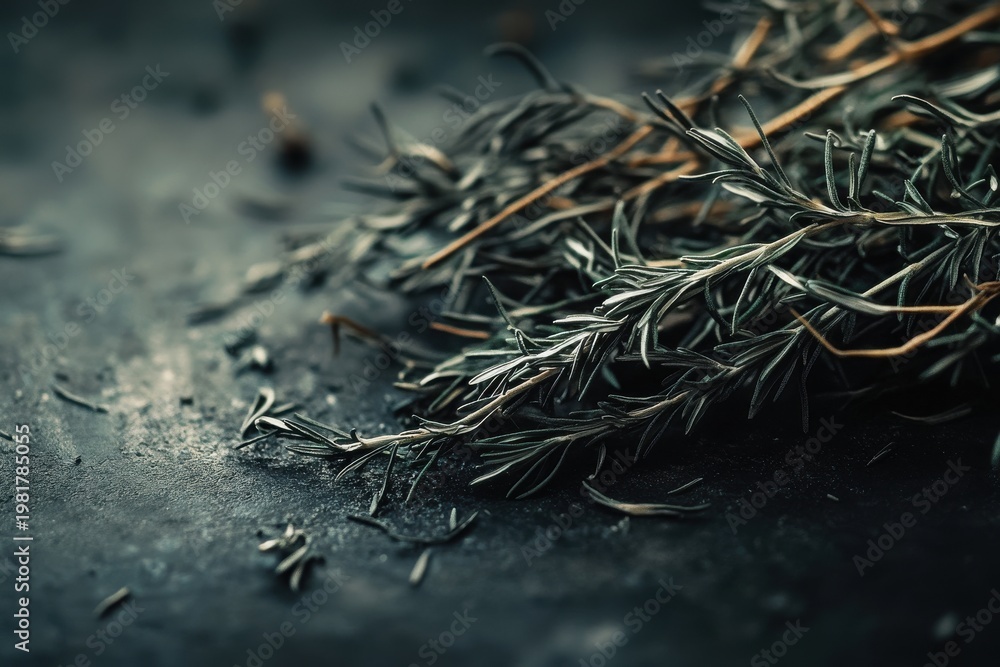 Fototapeta premium Close-up of dried herbs with a dramatic dark background, showcasing their intricate textures and delicate colors.