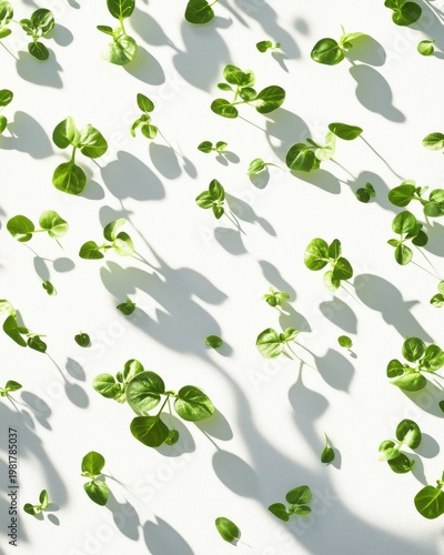 A vibrant arrangement of young green seedlings casting delicate shadows on a bright surface.