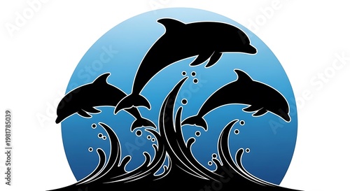 Dolphins jumping out ocean waves blue.