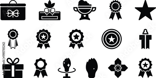 Award reward gift icons celebrating achievements with trophies ribbons presents silhouette isolated on transparent background