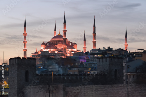 Istanbul cityscape. Theodosian Walls and Blue mosque at night. Turkey