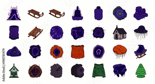 Stylized Fantasy Nature Elements Collection: Mystical Purple Crystals, Wooden Sleds, Rustic Cabins, Tree Stumps, Abstract Shapes for Game Assets & Graphic Design.