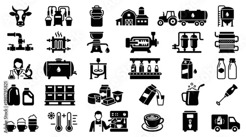 Professional Milk Processing and Dairy Farm Industrial Black Icon Set