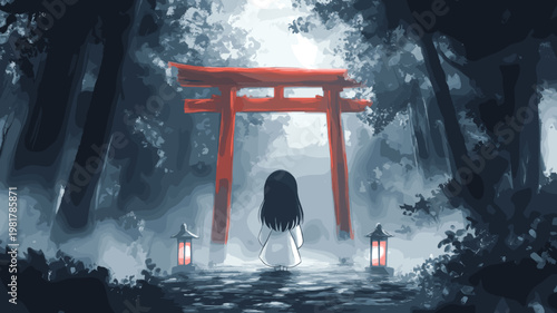 霧深い森の鳥居と提灯の前に立つ少女、神秘的な日本の神社イラスト