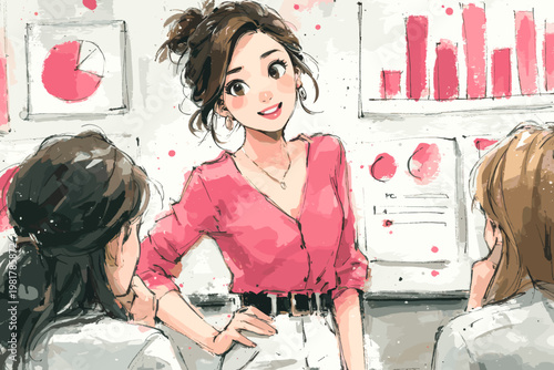 グラフの前でプレゼンをする若い女性、ビジネス会議のアニメイラスト