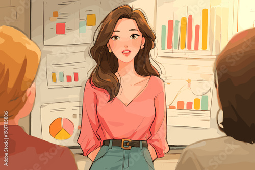 グラフの前でプレゼンをする若い女性、ビジネス会議のアニメイラスト