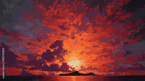 赤く燃えるような夕焼け空と雲、劇的な夕暮れの風景イラスト