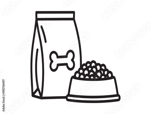 Simple black and white illustration of pet food bag and bowl with kibble