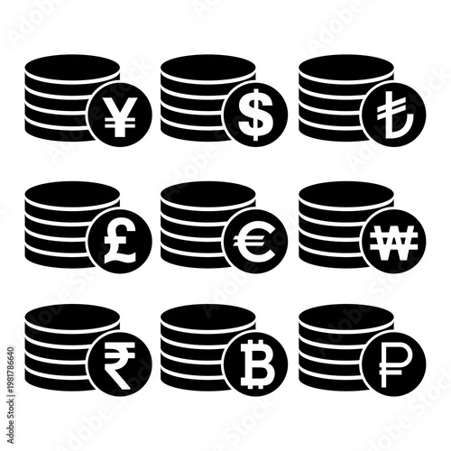 Set of Dollar euro rouble won yuan pound stack coin, flat icon money design .