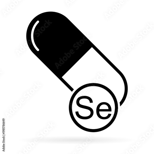 Mineral Se icon shadow, healthy medicine pill supplement symbol, complex vitamin vector illustration .