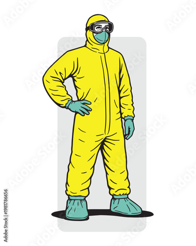 Cleanroom PPE Worker Vector Illustration Yellow Protective Suit, Disposable Coverall with Mask Goggles Gloves and Boot Covers for Laboratory, Medical and Industrial Safety