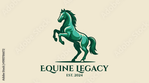 An elegant logo featuring a rearing stallion symbolizes the legacy of equine culture, using a rich green tone, perfect for a business related to horses and equestrian activities.