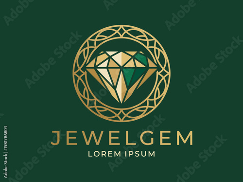 A sophisticated logo design featuring a diamond cut gemstone, patterned with luxurious greens and golds, representing wealth and high-end luxury in a captivating style.