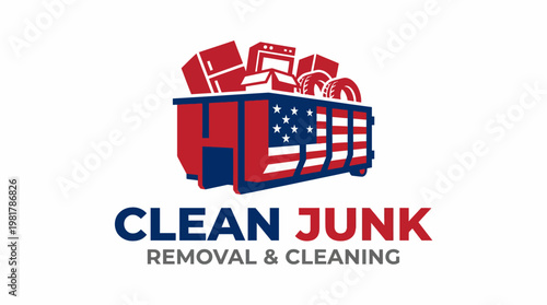 A bold logo design representing a junk removal service, featuring a dumpster adorned with the American flag, symbolizing cleanliness and patriotism.