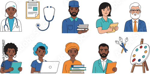 Vector Illustrations of Diverse Professions, including Doctor, Teacher, Artist, and Student with Various Occupations and Roles for Workplace and Educational Themes