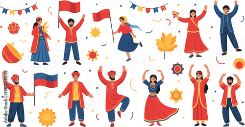 Vector Illustrations of Traditional Cultural Dance, Festival Celebrations, Flag Bearers, and Folk Dancers with Colorful Decorations for Festive Events and Celebrations