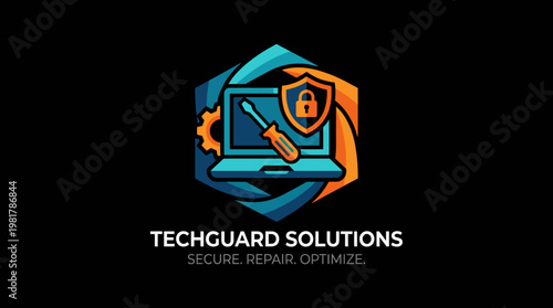 This logo for TechGuard Solutions combines elements of technology and security, presenting a comprehensive service for repairing and optimizing tech devices for users.