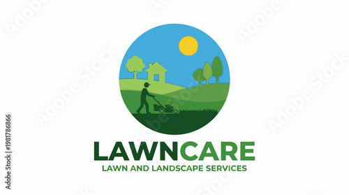 This logo illustrates a serene landscape with a man mowing the lawn, embodying care and professionalism in landscaping services, perfect for businesses in outdoor maintenance.