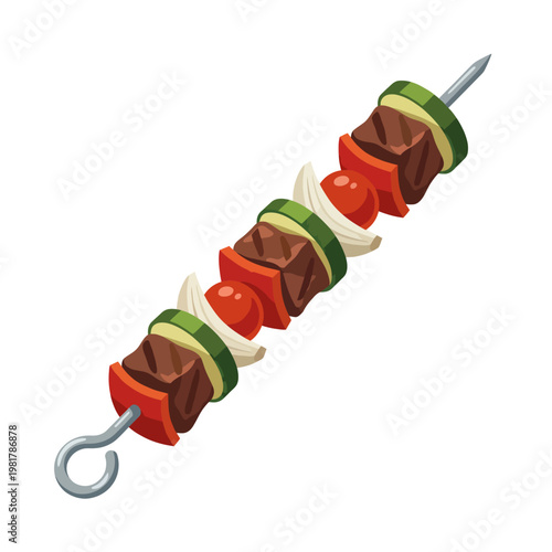 This appetizing image showcases a skewer filled with juicy meats and vegetables, representing culinary delight and the joy of outdoor grilling and dining experiences.