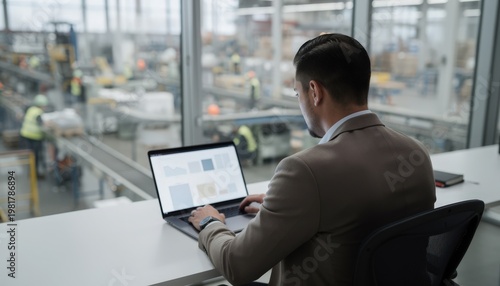 Underwriter reviewing machinery risk assessments and product liability metrics on a laptop focusing on a mediumsized manufacturers safety protocols in a factory environment.