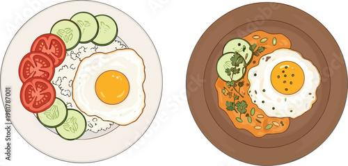 Healthy breakfast plates vector illustration featuring fried eggs with fresh vegetables and salmon on dishes isolated on clean background for food and menu design