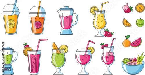 Illustration of Colorful Fruit Smoothies and Juices in Various Glasses, Jars, and Blenders with Fruit Garnishes