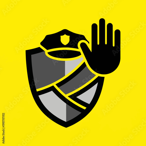 A bold logo featuring a shield and stop hand symbol, representing security measures and caution, perfect for law enforcement, safety agencies or protective services branding.