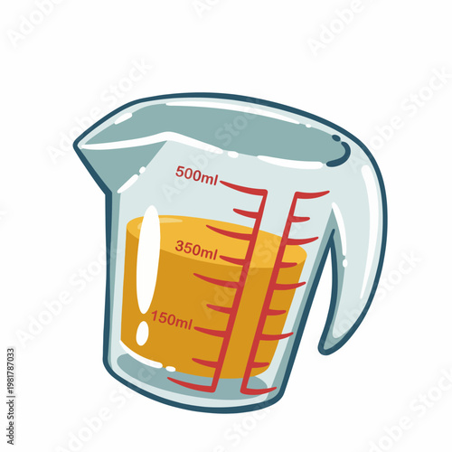 A clear measuring jug filled with a vibrant orange liquid showcases precise measurements for cooking. Ideal for culinary and kitchen-related themes in stock images.